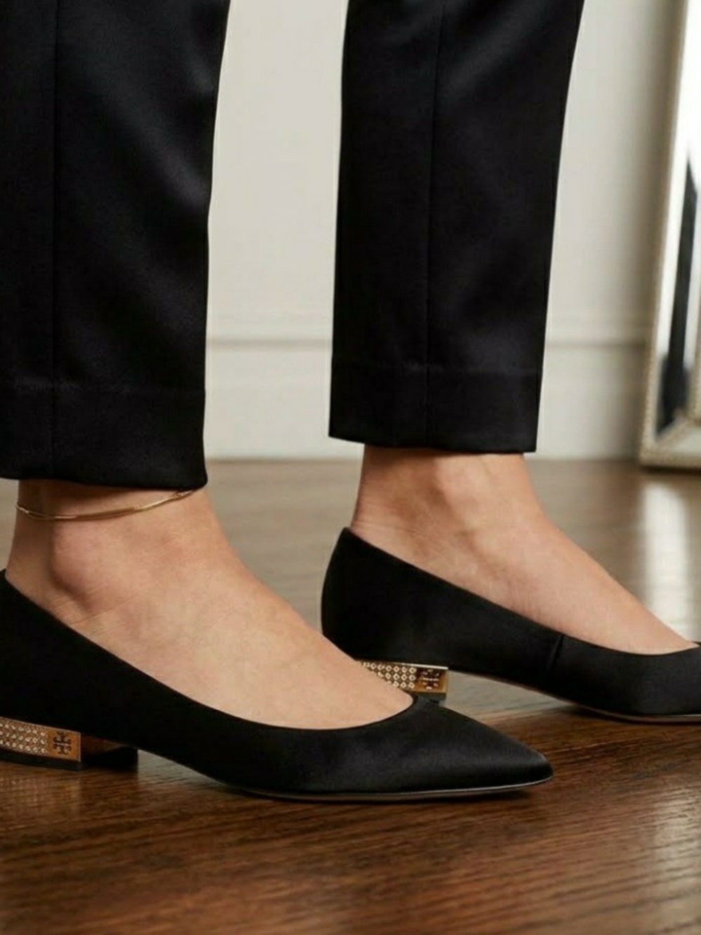 Tory Burch Black Pointed Satin Flats with Gold Accent Heel